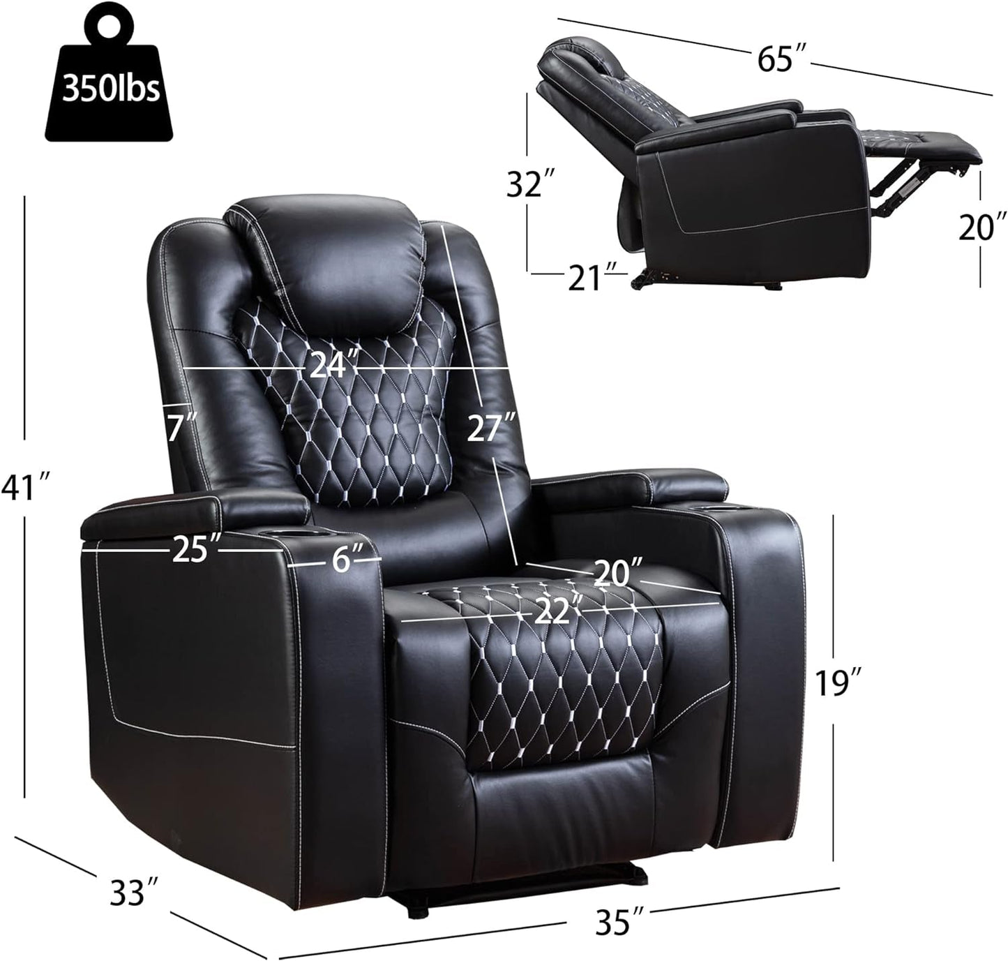 Black Power Recliner with USB, Cup Holders, Storage