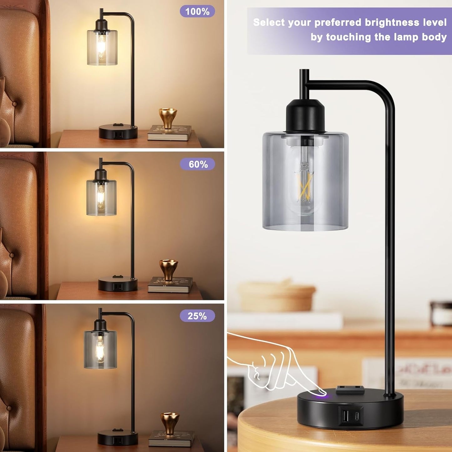 Industrial Touch Bedroom Lamps for Bedrooms Set of 2-3-Way Dimmable