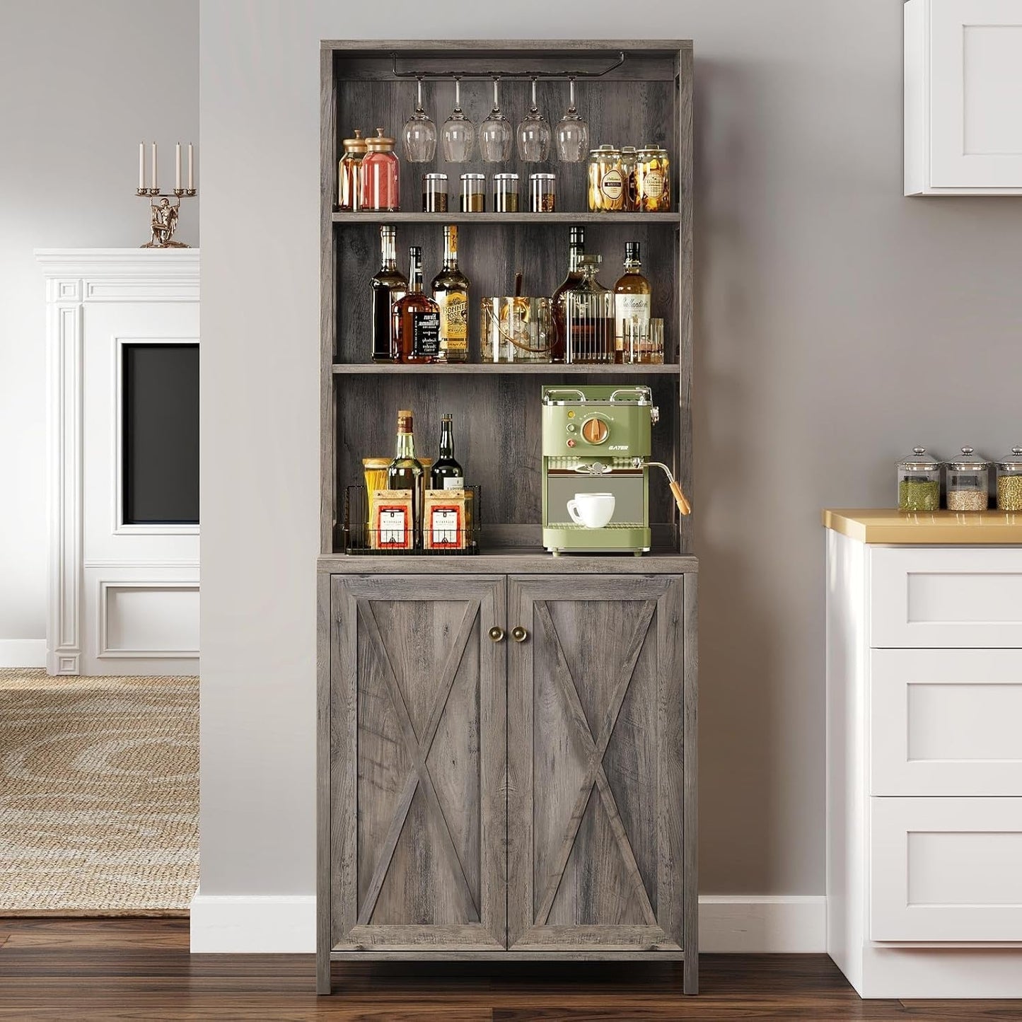 67" Tall Wine Bar Cabinet for Liquor and Glasses, Farmhouse Kitchen