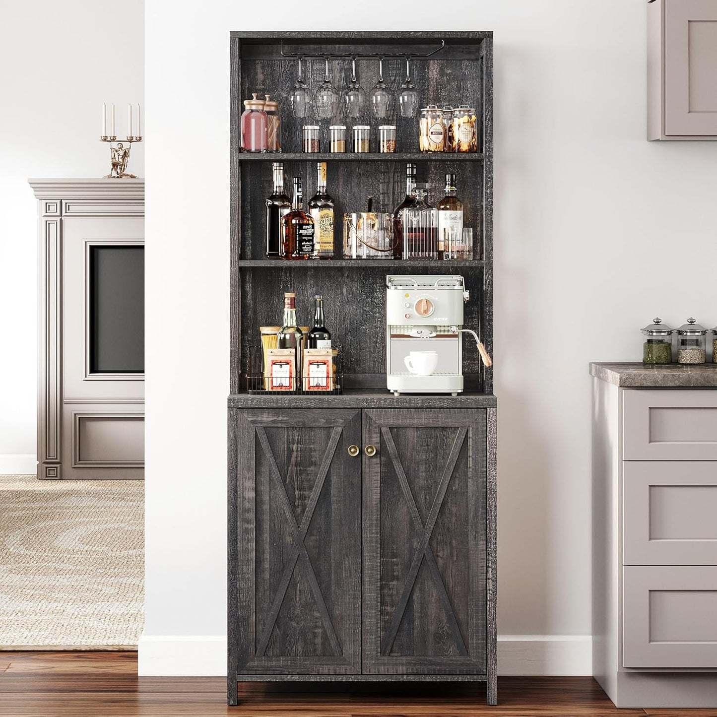 67" Tall Wine Bar Cabinet for Liquor and Glasses, Farmhouse Kitchen