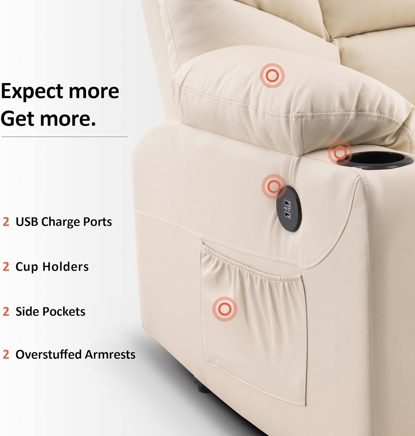 Power Lift Recliner Chair, 2 Cup Holders, USB Ports for Elderly