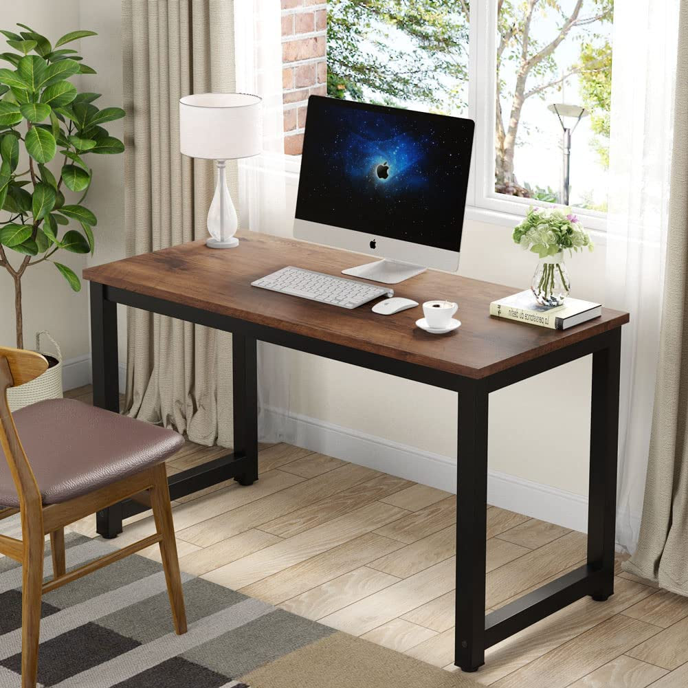 Rustic Brown Computer Desk with Metal Legs and Spacious Desktop