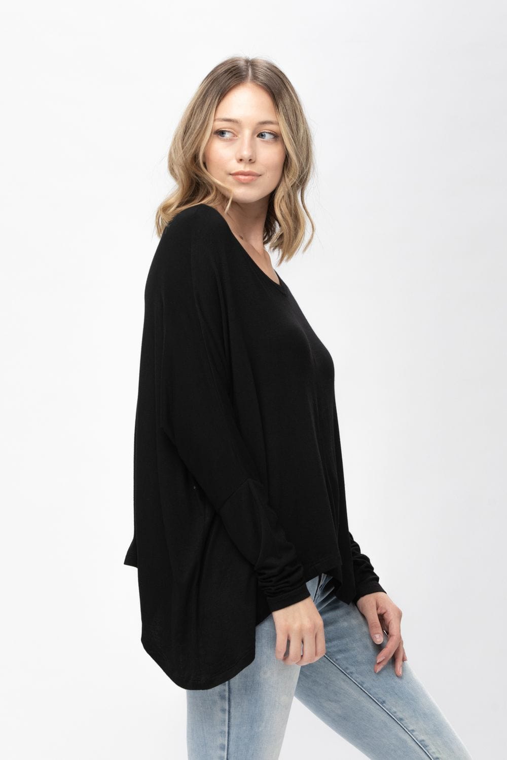 Knit Tunic Blouse Dolman Sleeve Oversized Curved-Hem Asymmetrical Tops