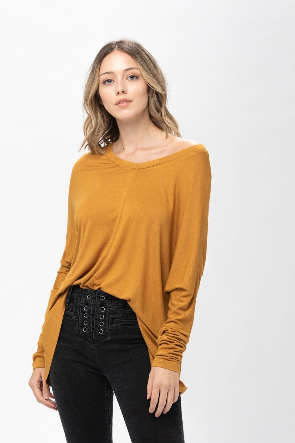 Knit Tunic Blouse Dolman Sleeve Oversized Curved-Hem Asymmetrical Tops