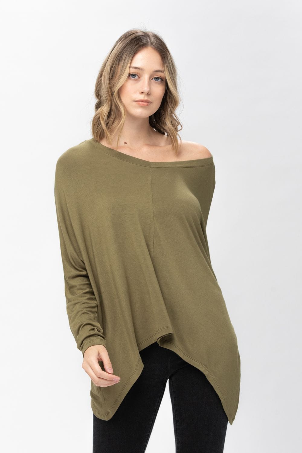 Knit Tunic Blouse Dolman Sleeve Oversized Curved-Hem Asymmetrical Tops