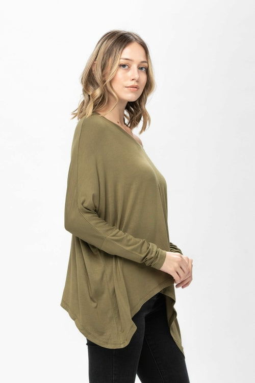 Knit Tunic Blouse Dolman Sleeve Oversized Curved-Hem Asymmetrical Tops