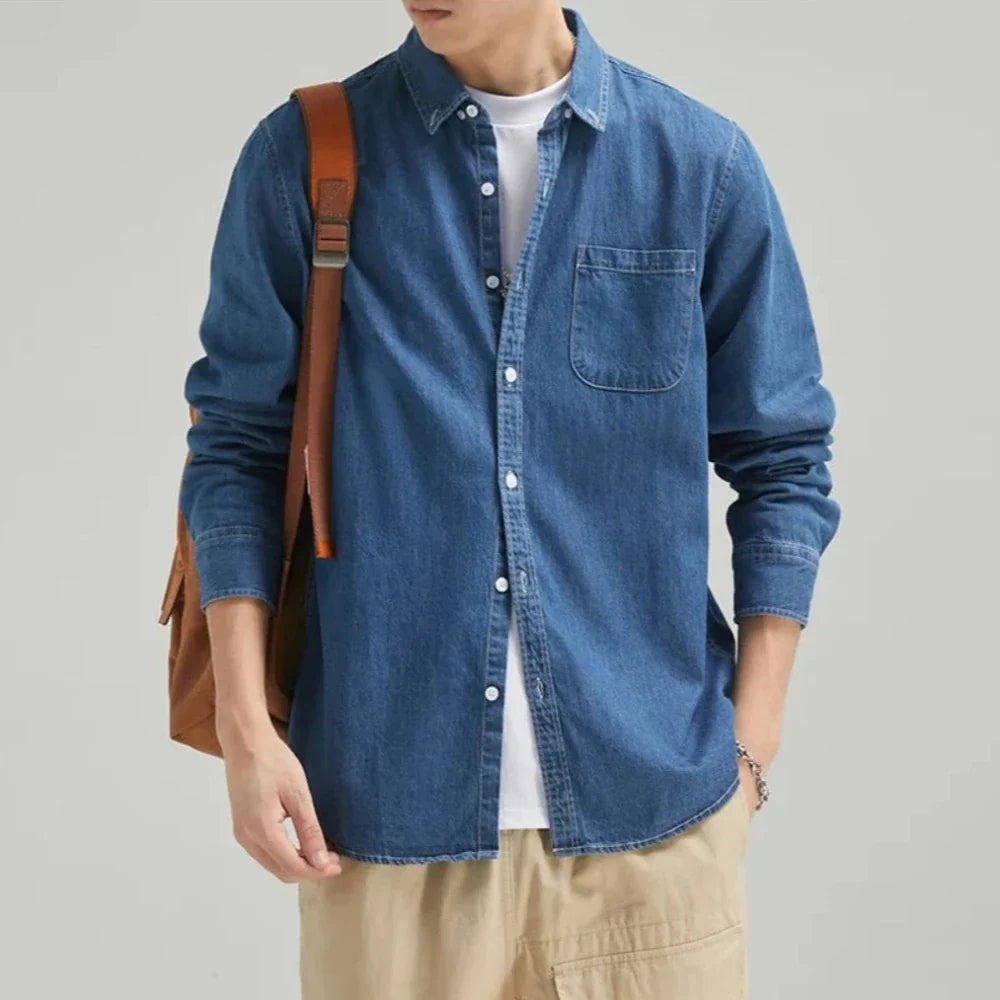 Mens Long Sleeve Single Pocket Denim Shirt