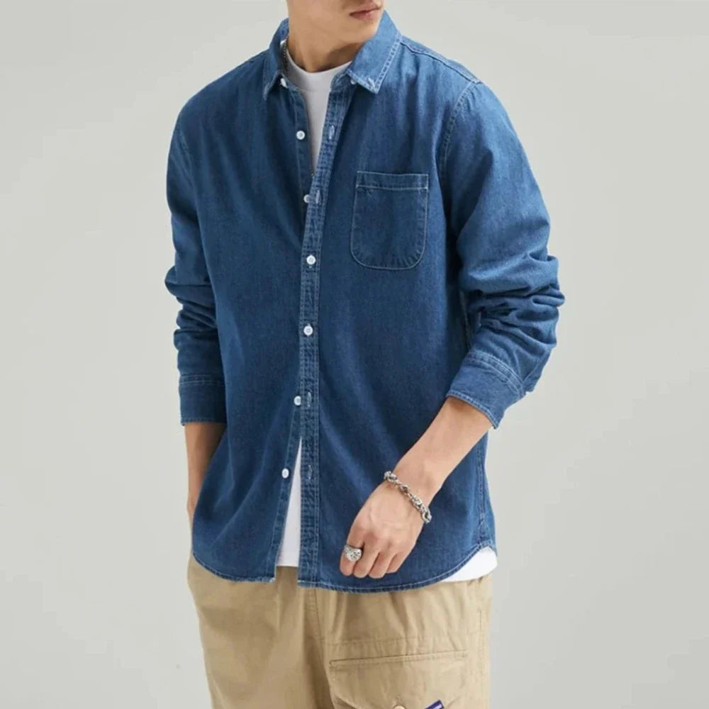 Mens Long Sleeve Single Pocket Denim Shirt