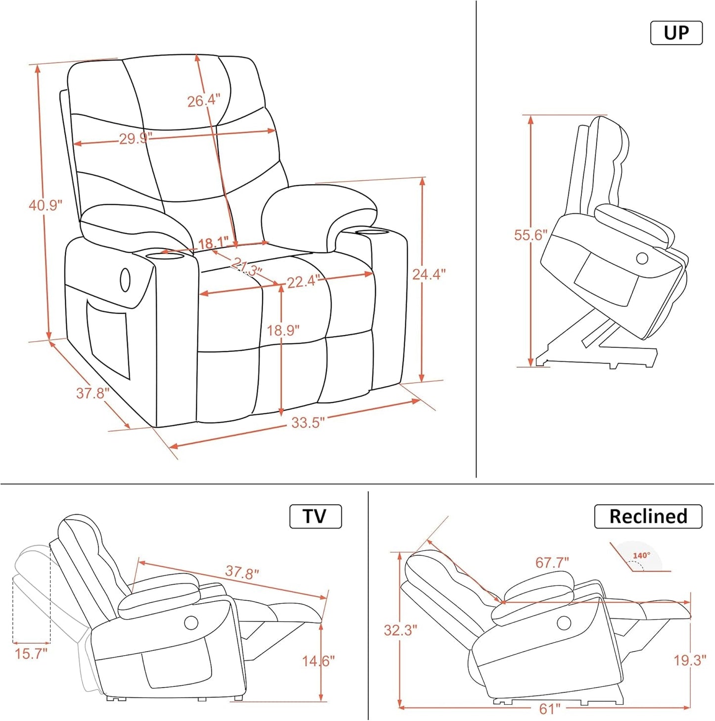 Power Lift Recliner Chair, 2 Cup Holders, USB Ports for Elderly